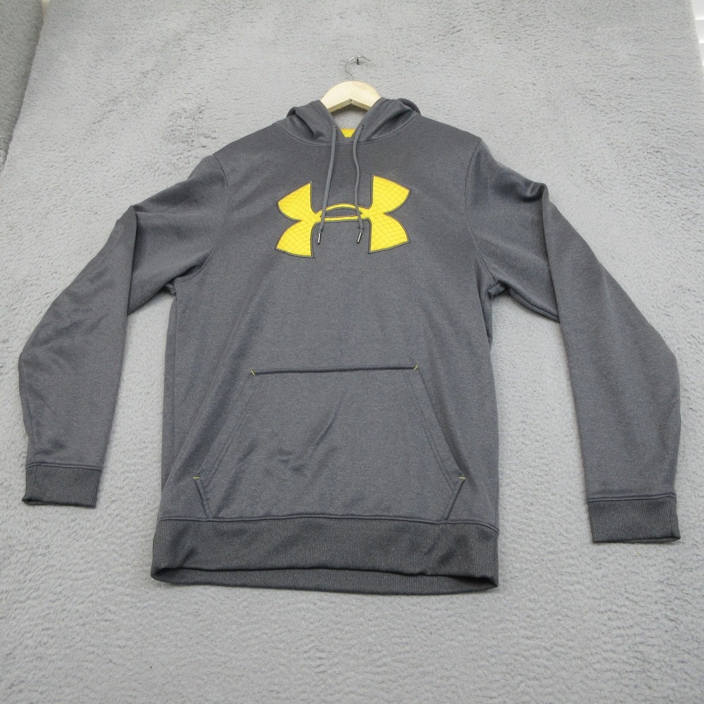 Under Armour Loose Fit Hoodie Men M Gray Yellow Big‎ Logo Pullover Sweatshirt